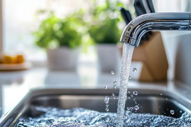 Chrome kitchen tap pouring a clear stream of water into a stainless steel sink in a bright kitchen