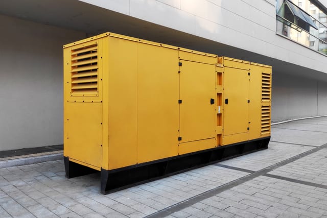 Yellow enclosed standby generator on a black skid base beside an apartment building
