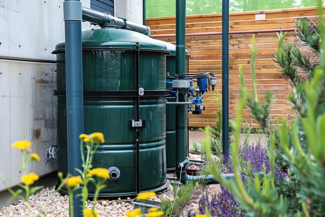 Dark green rainwater harvesting tank fed by a downpipe, with filter valves and planting alongside