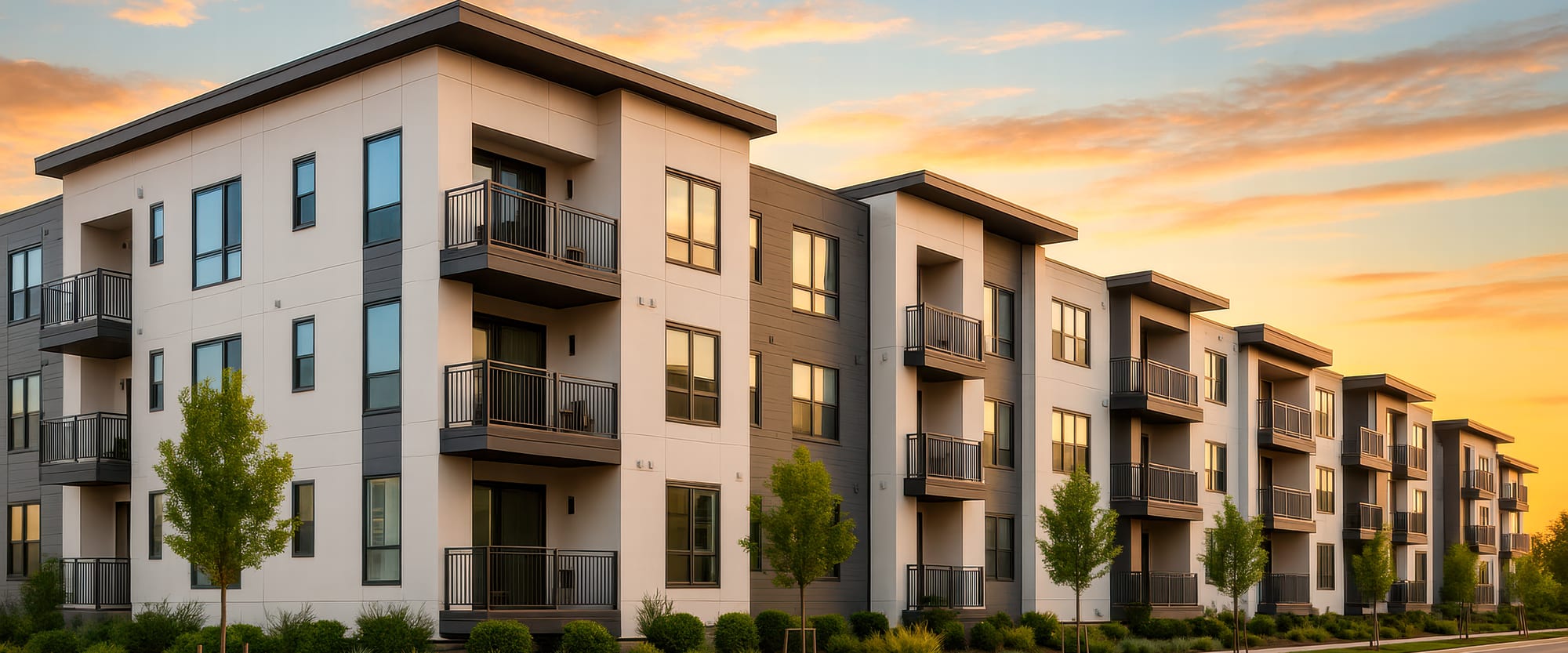 A row of three-storey apartment buildings with balconies and young street trees, photographed from the kerb under a peach and gold sunset sky.