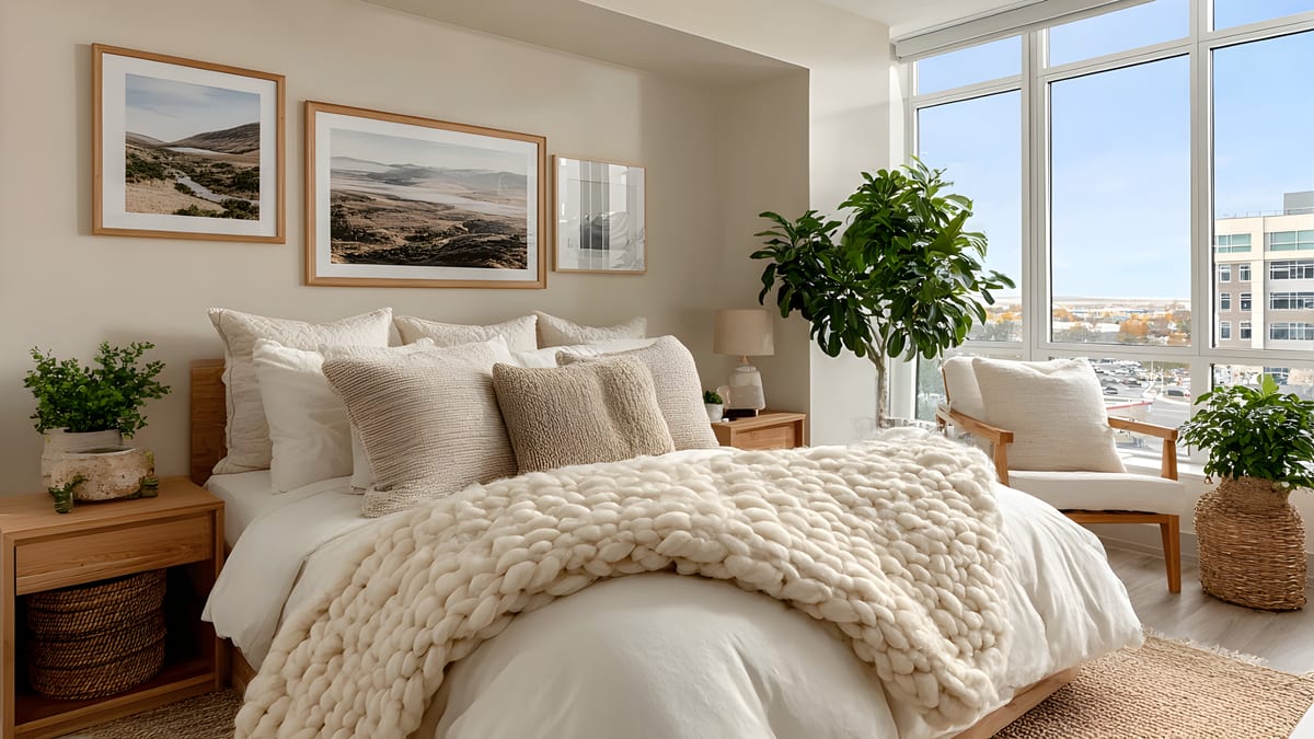Bedroom with cream bedding, a honey-oak nightstand and soft daylight.