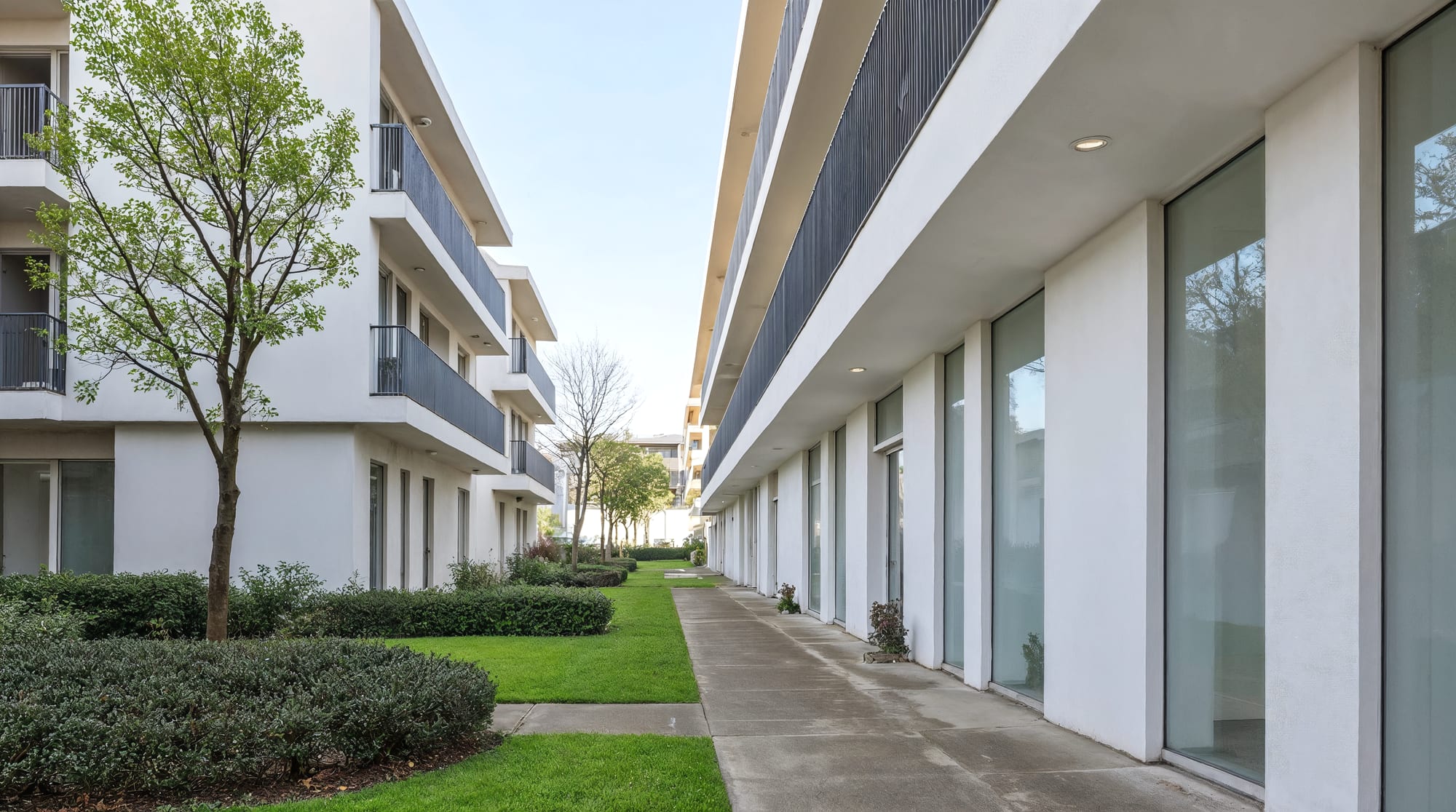 A landscaped walkway running between two modern low-rise apartment buildings, white stucco walls with dark slate balcony panels above; clipped evergreen hedges and a slim young tree edge a strip of mown lawn on the left, and a concrete path passes ground-floor glass doors on the right under a pale, near-white blue sky.