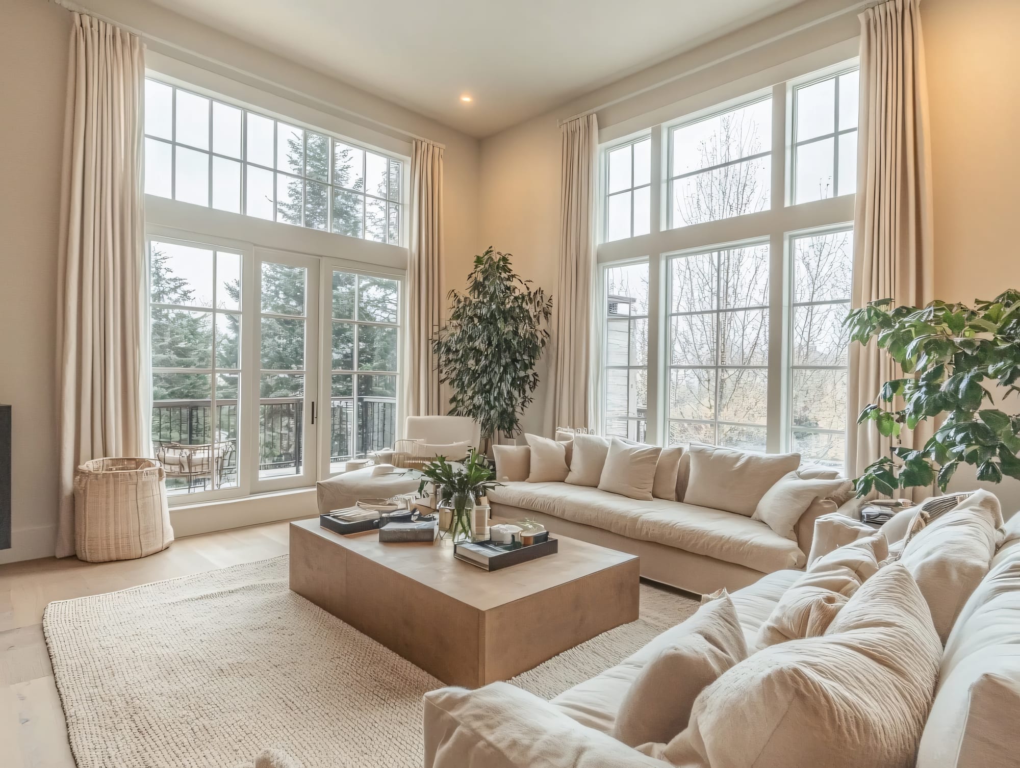 A bright, calmly furnished living room with double-height windows on two walls, cream linen sofas and cushions grouped around a low oak coffee table, a woven rug over pale wood flooring, a tall leafy plant in the corner and a lidded basket by the window, with bare winter trees and conifers visible outside.