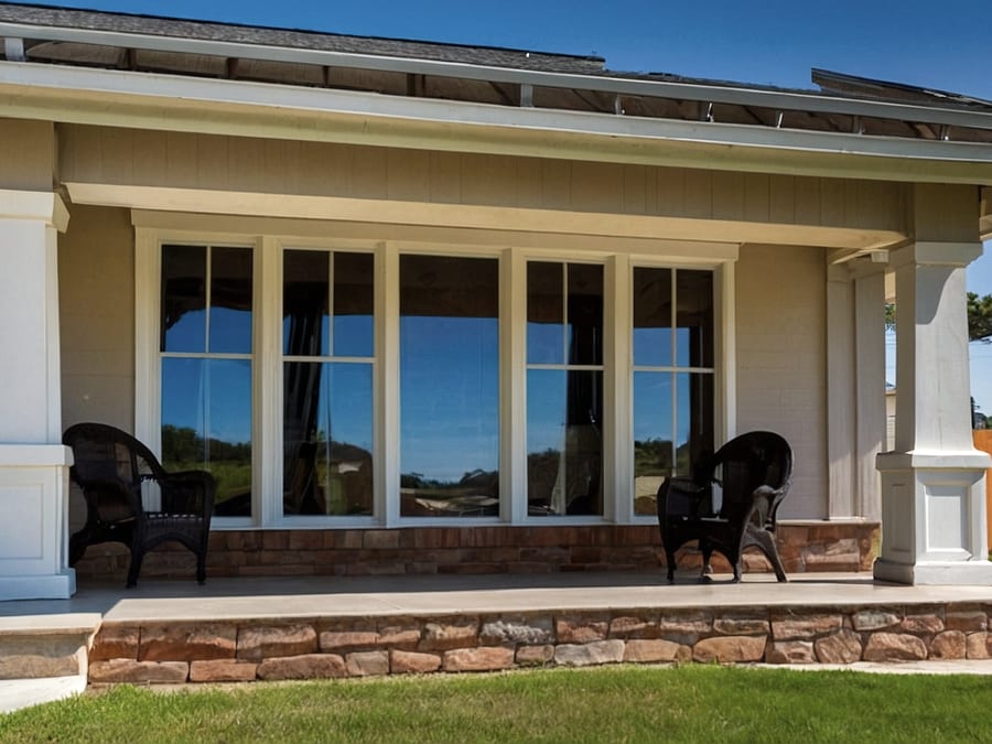 The covered front porch of a single-storey house with cream board-and-batten siding, white tapered columns on stone pedestals, a stone porch base and steps, a bank of white-mullioned windows, two dark wicker chairs and a mown lawn.