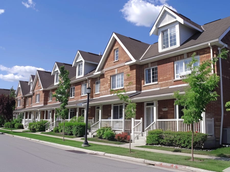 A row of attached red-brick townhouses with white porch railings and columns, gabled dormers and bay windows, fronted by a mown lawn, low shrubs, young street trees and a black lamp post.