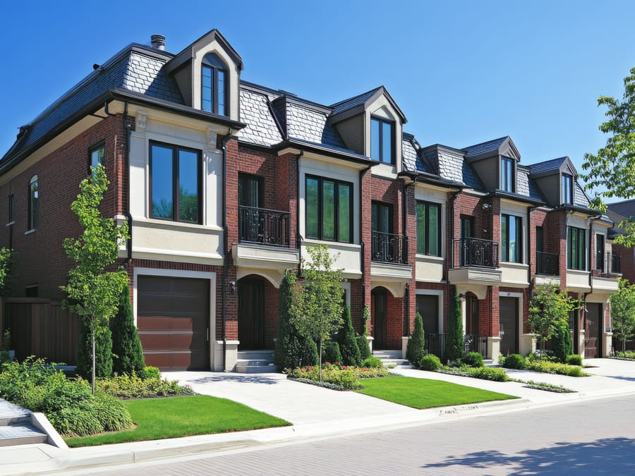 A receding row of three-storey red brick townhouses with cream limestone trim, slate mansard roofs, dormer windows and private garages, fronted by clipped lawns on a quiet sunny street.