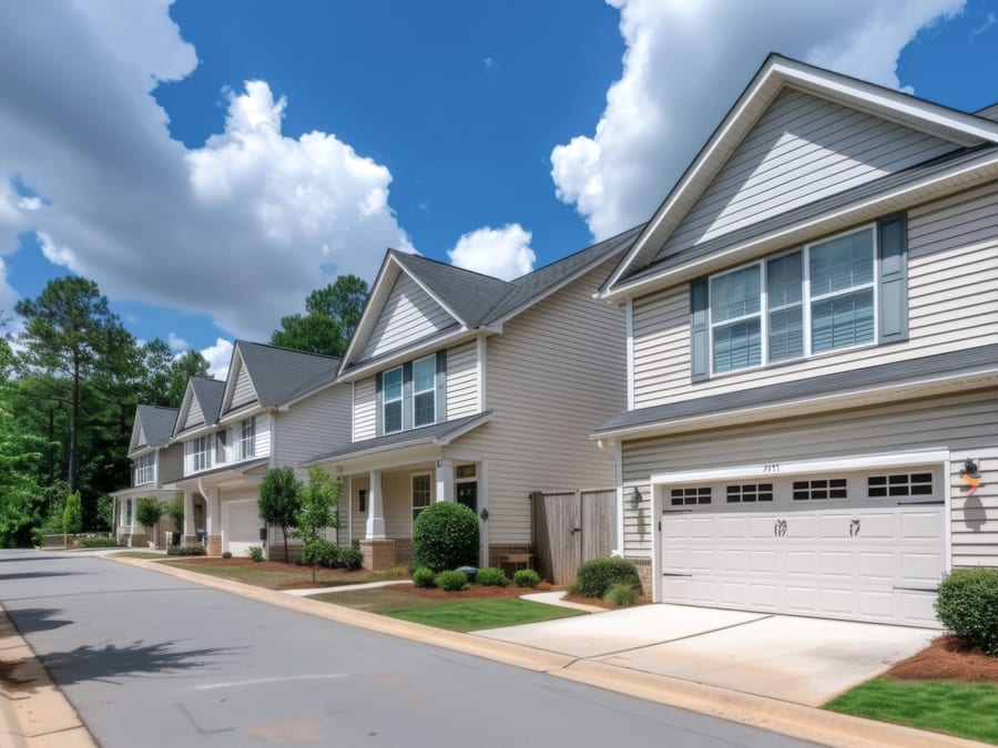 A row of two-storey townhomes with beige and grey lap siding, gabled roofs, a white two-car garage door and a concrete driveway, with mulched shrub beds and a mown lawn under a partly cloudy sky.