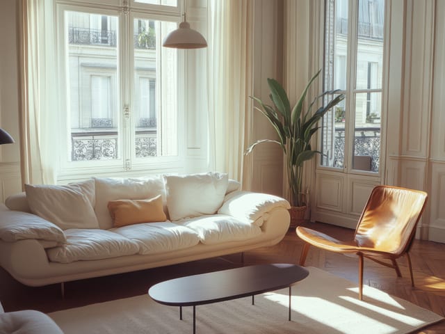 Sunlit apartment living room with a soft white sofa, a tan leather armchair, a low oval table and tall French windows opening onto a balcony.